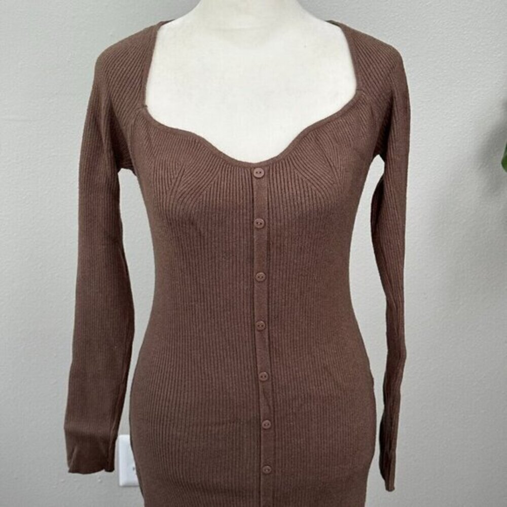 Crescent Brown Ribbed Sweetheart Bodycon Maxi Dress
